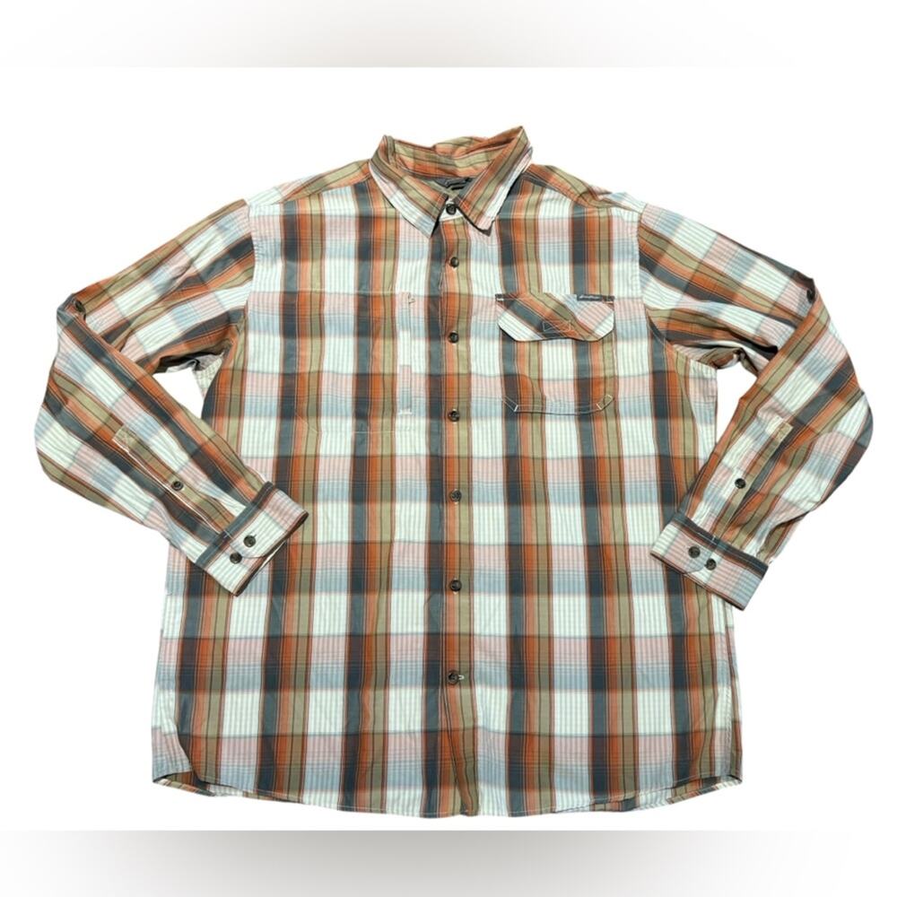 Eddie Bauer Orange, Gray and Tan Plaid Casual Vented Outdoor Shirt Mens Size XL